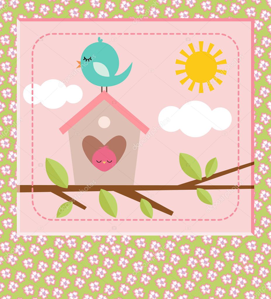 Cute background spring illustration with cute birds