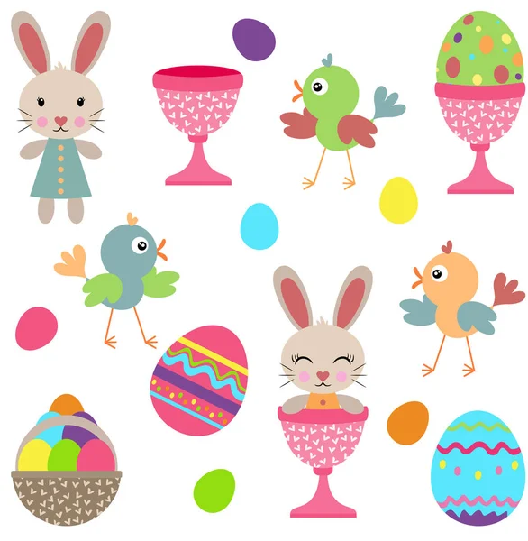 Set Elementos Digitales Pascua Con Huevos Birdies Conejitos — Archivo Imágenes Vectoriales