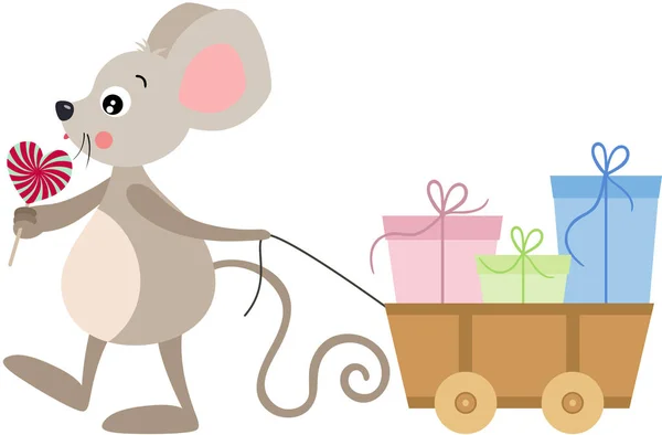 可爱的老鼠吃棒棒糖 拖着装有礼物的木制小推车 — 图库矢量图片