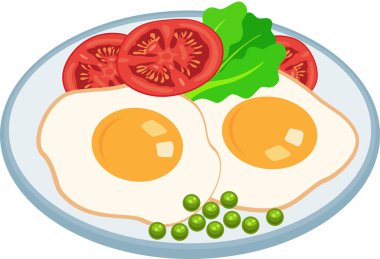 İki sahanda yumurta, domates, marul ve bezelye.