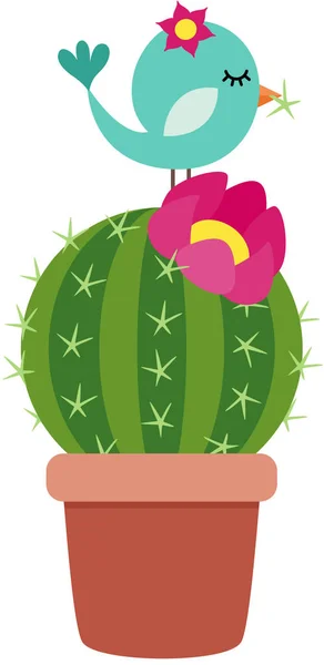 Pták Sbírá Trny Vrcholu Kaktusu Růžovým Květem — Stockový vektor