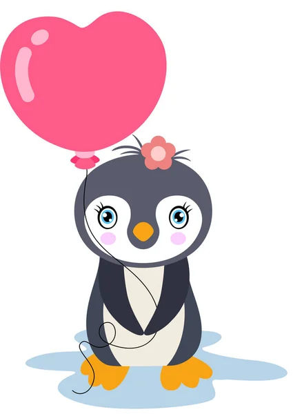 Pinguim Bonito Menina Segurando Balão Forma Coração —  Vetores de Stock