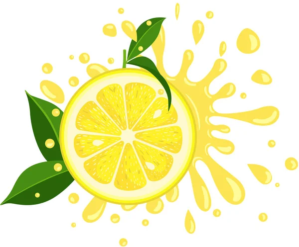 Splash Juicy Slice Lemon Green Leaves — Stock Vector