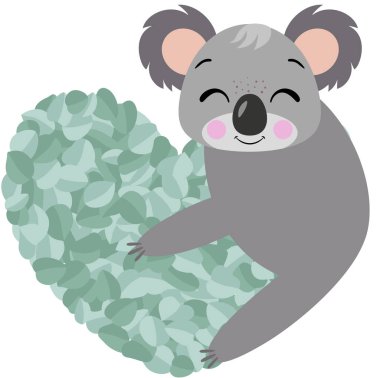Okaliptüs yapraklarından yapılmış bir kalp tutan sevimli koala.