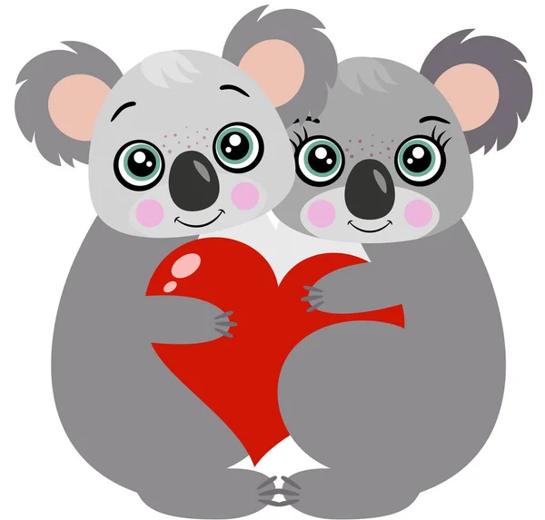 Niedliches Paar Koalas Mit Rotem Herz — Stockvektor