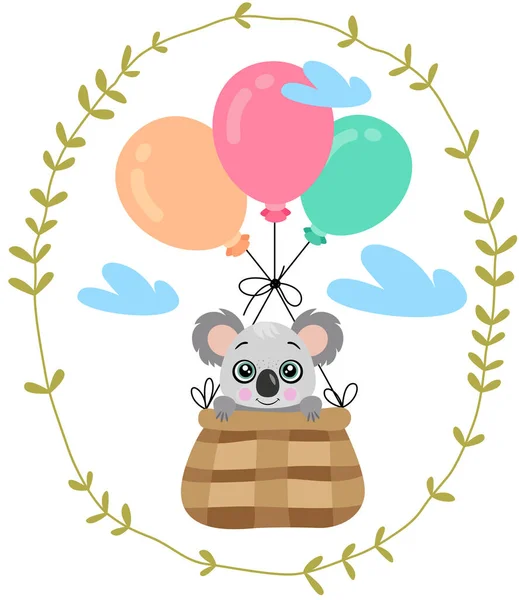 Illustration Mit Koala Der Einem Korb Mit Luftballons Einem Ovalen — Stockvektor