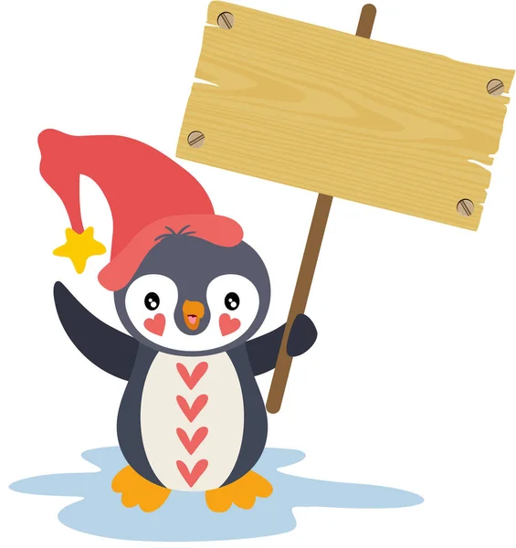 Divertido Pingüino Amor Con Sombrero Rojo Sosteniendo Letrero Madera — Archivo Imágenes Vectoriales