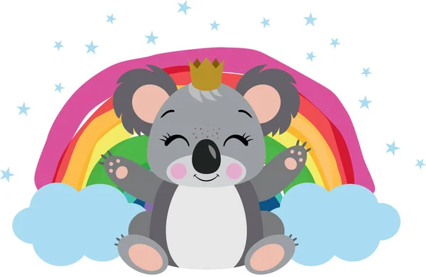 Cute King Koala Rainbow Clouds — Stock Vector
