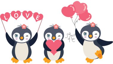 Aşk partisi için üç sevgi dolu penguen
