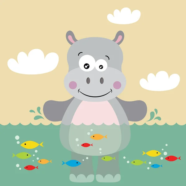 Illustration Mignon Hippopotame Dans Eau Avec Des Poissons — Image vectorielle