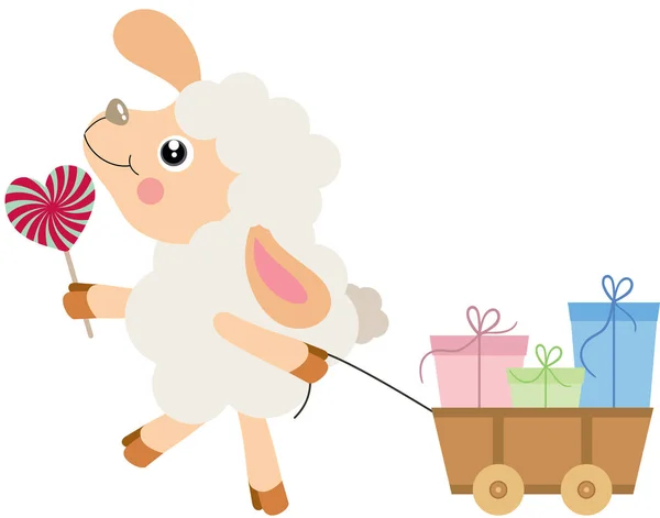 Cute Lamb Eating Lollipop Pulling Wooden Small Cart Gifts — Stock Vector