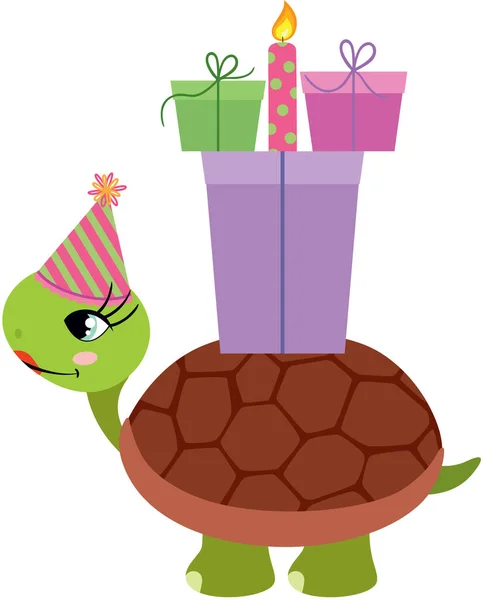 Tortue Anniversaire Portant Cadeau Une Bougie — Image vectorielle