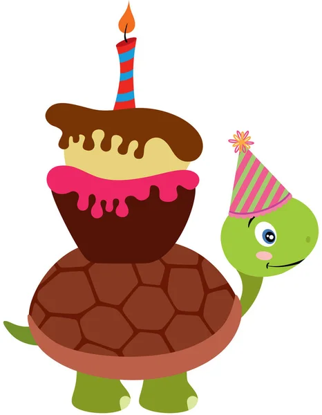 Tortue Mignonne Portant Gâteau Anniversaire — Image vectorielle