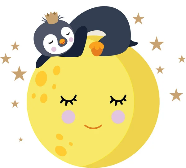 Pequeno Pinguim Dormindo Cima Lua Bonito — Vetor de Stock