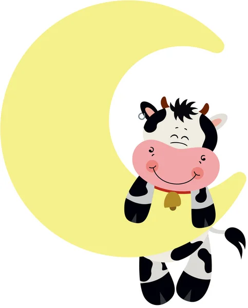 Cute Cow Hanging Moon Sky — Stock Vector