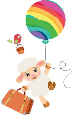 Gökkuşağı balonu ve seyahat çantası taşıyan şirin bir kuzu.