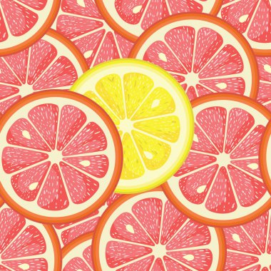 Greyfurt dilimlerinin kusursuz arkaplanı ve ortada izole edilmiş sarı bir limon dilimi.