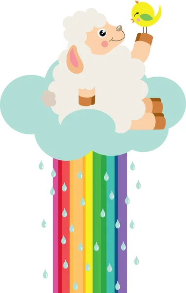 Schattig Lammetje Wolk Regenboog Met Vogeltje — Stockvector