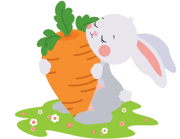 Little Bunny Hugging Big Carrot Garden — Stock Vector