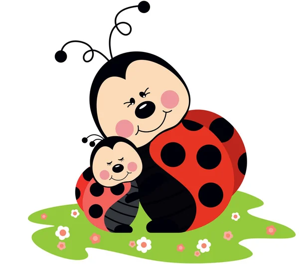 Mum Ladybird Hugging Son Ladybird Garden — Stock Vector