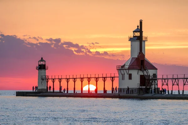 Solstice Sundown at St. Joseph Lighthouses — Stock Photo, Image