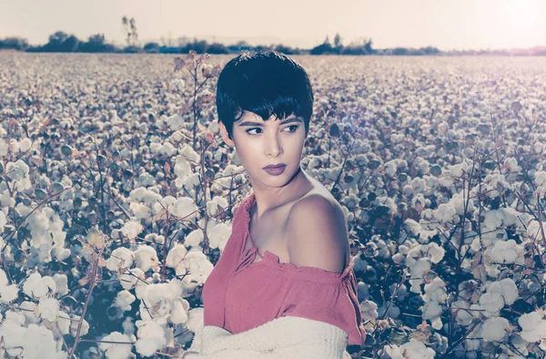 Fashion art concept image... Woman with short hair looking over shoulder in cotton field. Image cross processed. — Stock Photo, Image