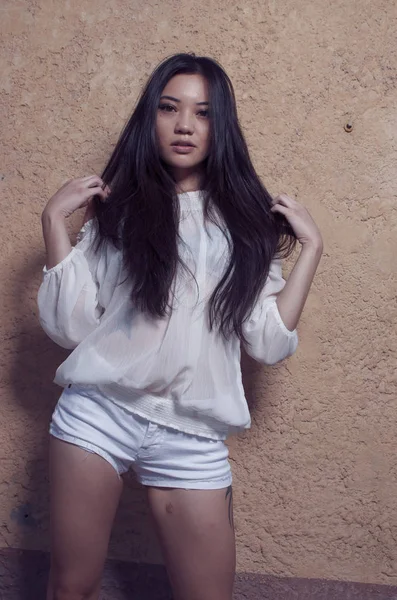 Belle Jeune Modèle Asiatique Avec Longs Cheveux Magnifiques — Photo