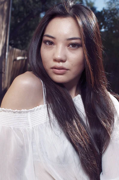 Jovem Modelo Asiático Bonito Com Cabelo Lindo Longo — Fotografia de Stock