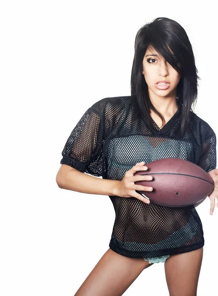 Schöne Athletische Fitness Modell Hält American Football — Stockfoto