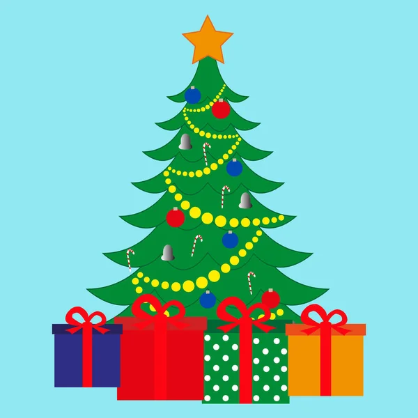 Árvore de Natal e presentes em um fundo azul — Vetor de Stock