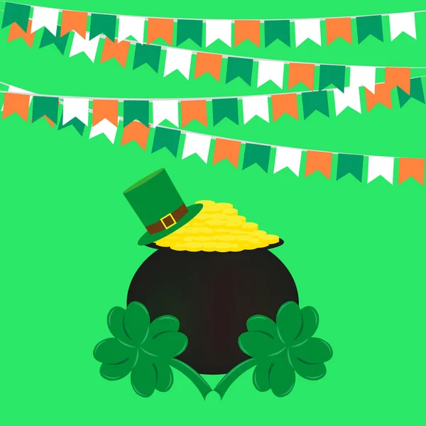 St. Patricks Day, irische Feiertagsfahnen Topf aus Gold und Klee — Stockvektor