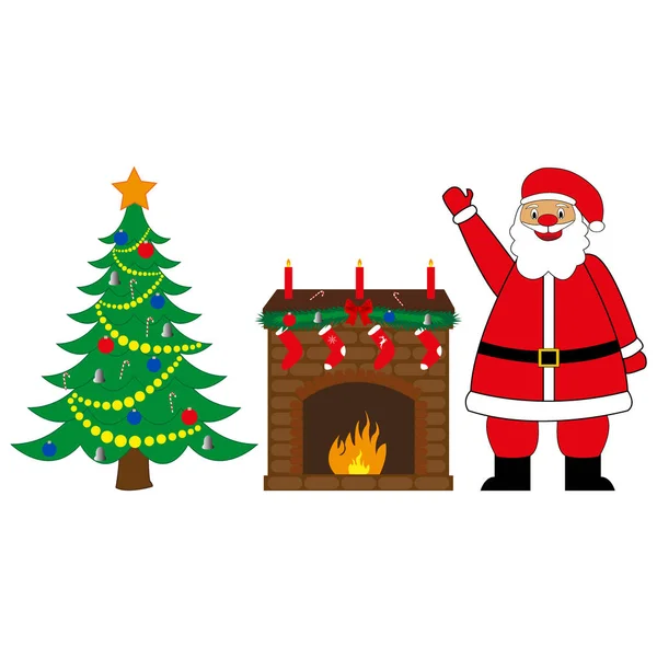 Santa Claus, chimenea y árbol de Navidad — Vector de stock