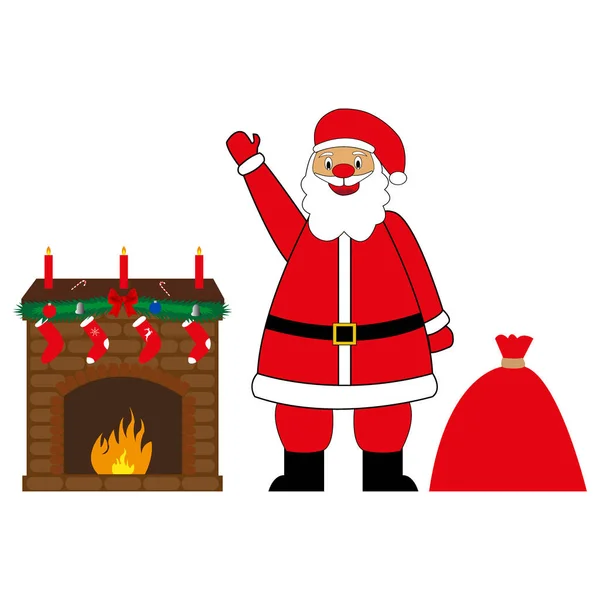Santa Claus con regalos junto a la chimenea — Vector de stock