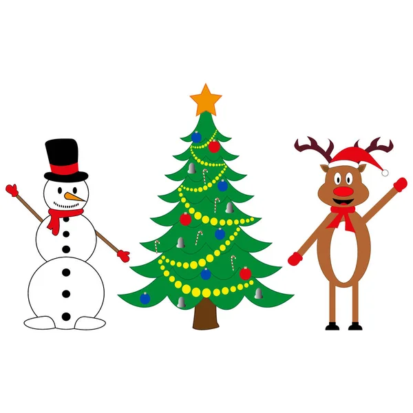 Muñeco de nieve y ciervos en el árbol de Navidad decorado — Vector de stock
