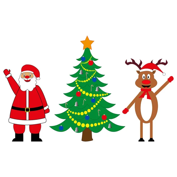 Santa Claus y ciervos en el árbol de Navidad decorado — Vector de stock
