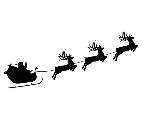 Christmas reindeers are carrying Santa Claus in a sleigh with gifts. silhouette on a white — Stock Vector