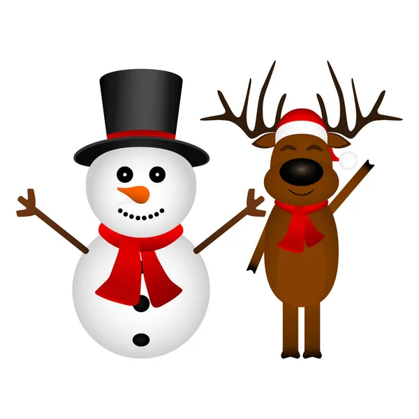Мультфильм смешной олень и снеговик размахивая руками изолированы на белом — стоковый вектор