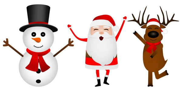 Мультфильм смешной Санта-Клаус, олени и снеговики танцуют изолированные на белом — стоковый вектор