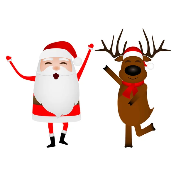 Cartoon funny santa claus and reindeer waving hands isolated on white — Stock Vector