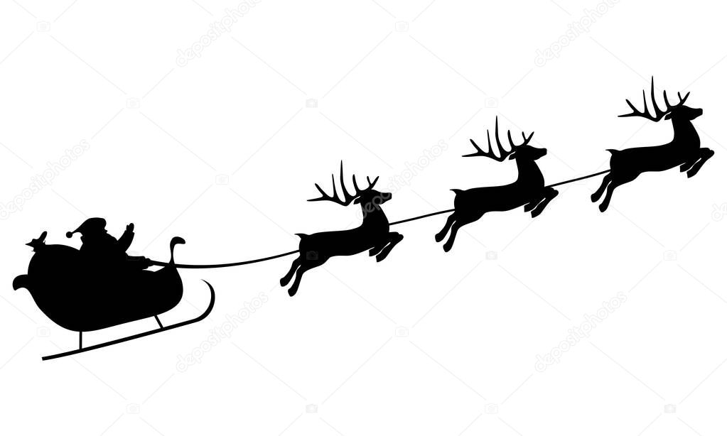 Christmas reindeers are carrying Santa Claus in a sleigh with gifts. silhouette on a white