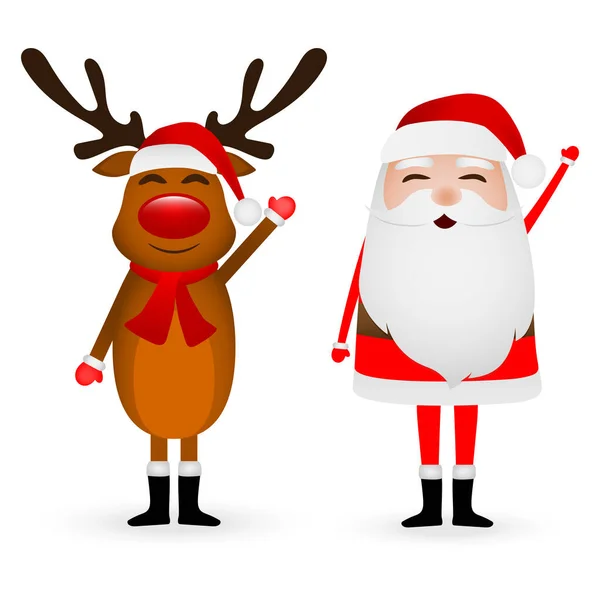 Cartoon funny santa claus and reindeer waving hands isolated on white — Stock Vector