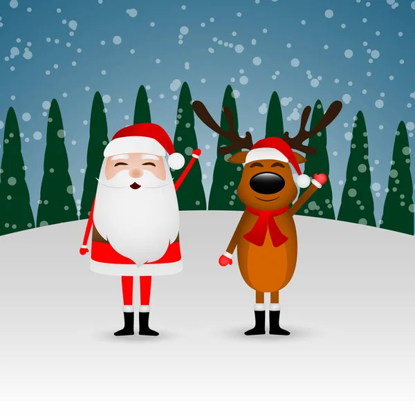 Санта Клаус и веселые олени в зимнем лесу на холме машут рукой — стоковый вектор