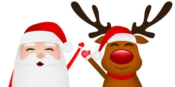 Карикатура смешной Санта-Клаус и олени размахивая руками изолированы на белом — стоковый вектор