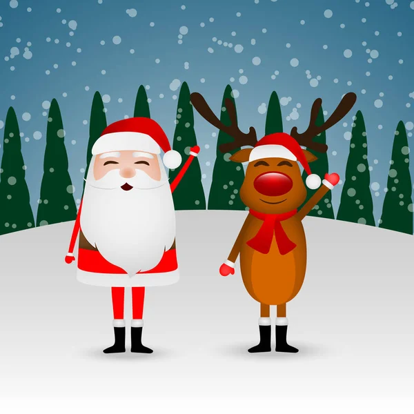 Santa Claus y divertidos renos en un bosque de invierno en una colina agitan su mano — Vector de stock