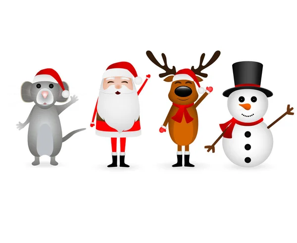 Babbo Natale, renne natalizie con un pupazzo di neve e un topo su un bianco — Vettoriale Stock