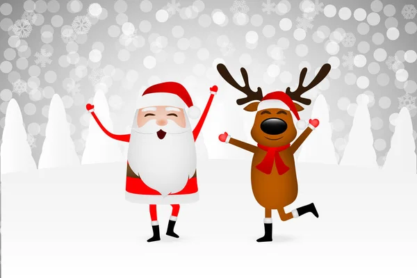 Санта Клаус и веселые олени в зимнем лесу на холме машут рукой — стоковый вектор