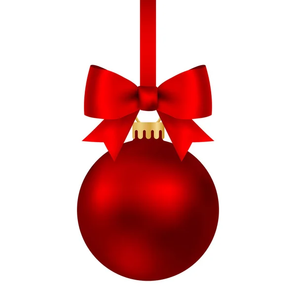Κόκκινη χριστουγεννιάτικη μπάλα σε μια κορδέλα με ένα όμορφο τόξο απομονωμένο σε λευκό — Διανυσματικό Αρχείο