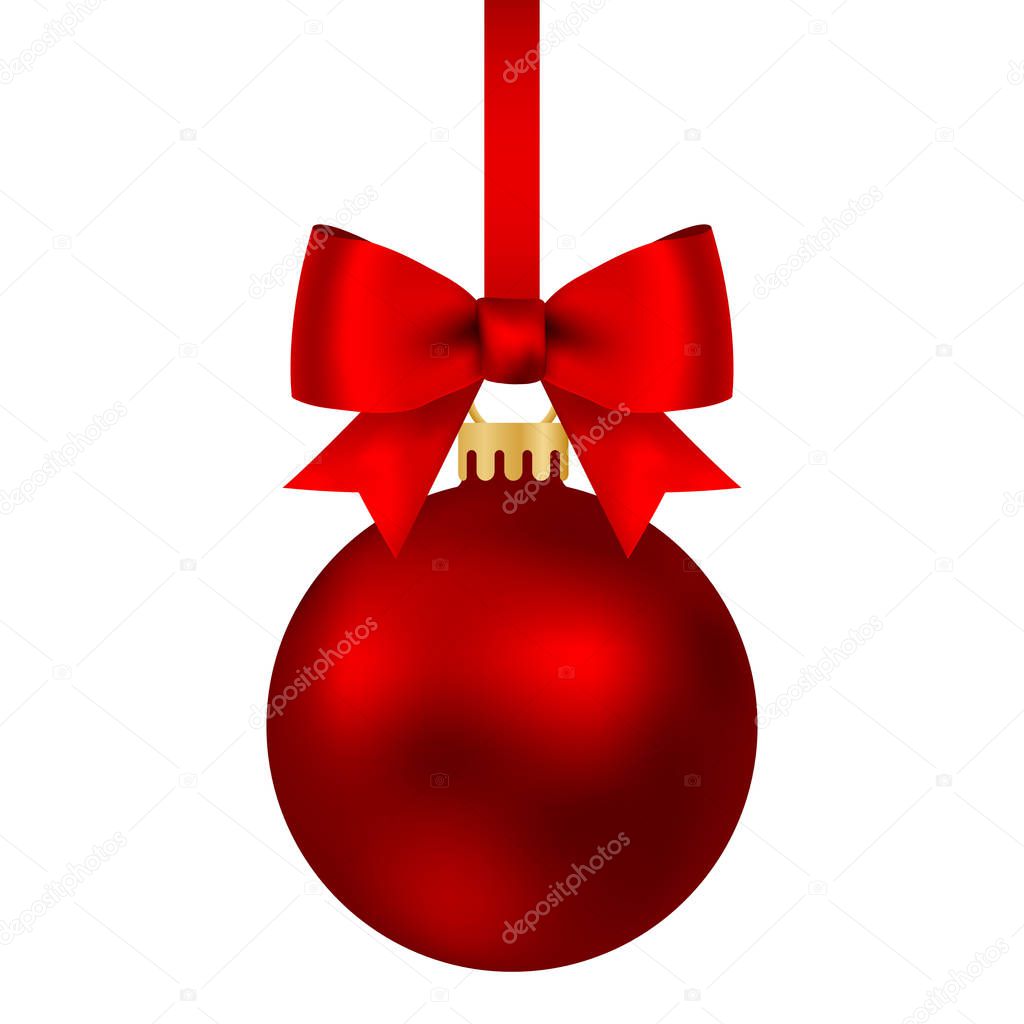 Red Christmas ball on a ribbon with a beautiful bow isolated on white