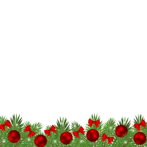 Vánoční strom větve zdobené míčky a červené luky izolované na bílém pozadí. — Stockový vektor