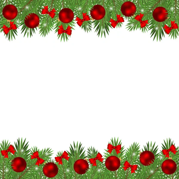 Christmas tree branches decorated with balls and red bows isolated on a white background. — Stock Vector